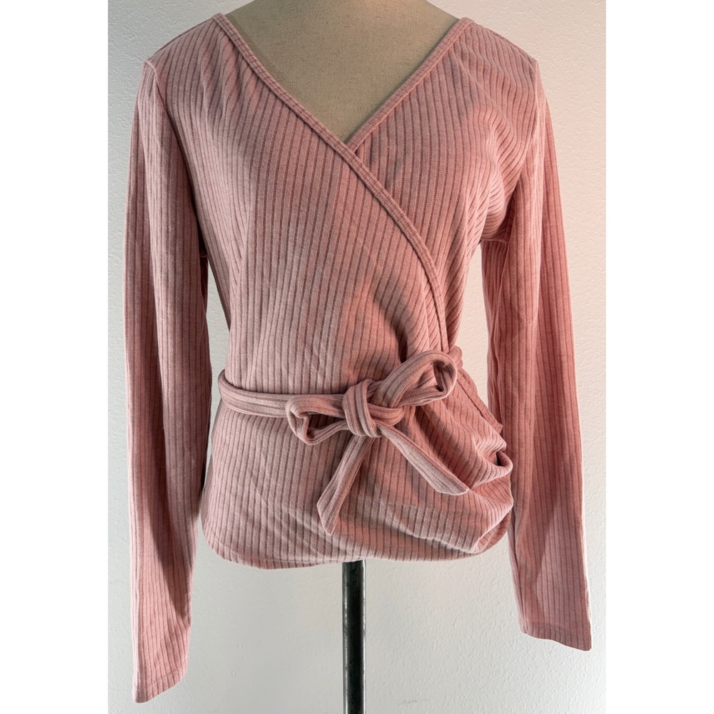 Halara Pastel Pink Ribbed Tie Waist Wrap Top Ballet Cropped Long Sleeve Yoga NWT